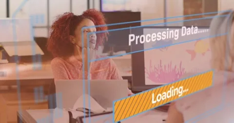 Woman working at tech desk pausing as processing data overlay loading bar, Stock Footage 321799118