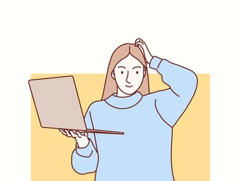 Woman working using computer laptop confuse and wondering about question Stock Illustration