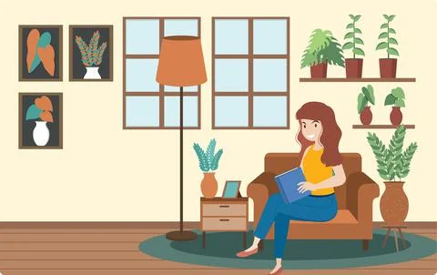 A woman working using laptop flat design at home Stock Illustration