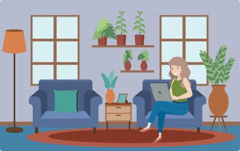 A woman working using laptop flat design at home 스톡 일러스트