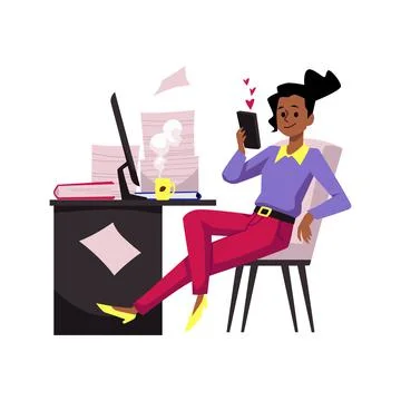 Woman at workplace procrastinates instead of working, flat vector isolated. 스톡 일러스트