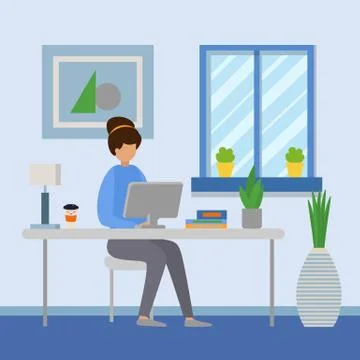 Woman workplace vector illustration. Corporate or home office work room interior Stock Illustration