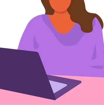 The woman works at the computer. Flat vector illustration. Laptop and table. Stock Illustration
