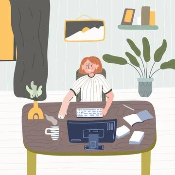 The woman works at the computer. Remote work from home. The designer works .. Stock-Illustration