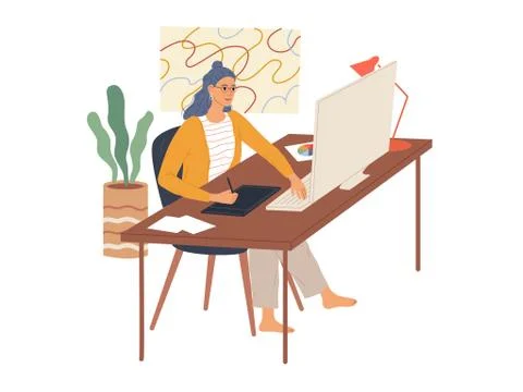 Woman works at her computer using a graphics tablet. An employee of the creative Illustrazione stock