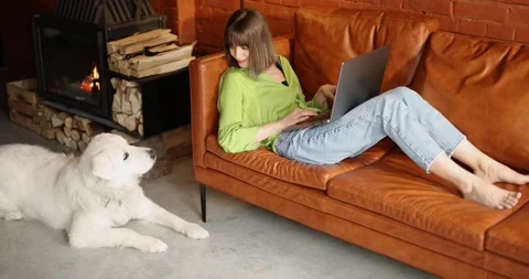 Woman works on laptop computer while sitting with her cute dog on a couch at Stock Footage 201510747