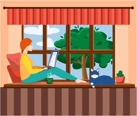A woman works at a laptop while sitting on the windowsill at home. Freelance  Stock Illustration