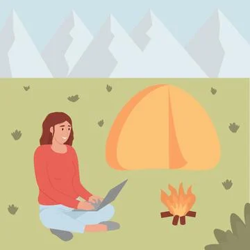 Woman works remotely using a computer in nature. Online communication away from Stock Illustration