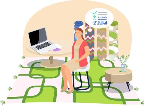 Woman works at table with computer in room interior with geometric pattern rug Stock Illustration