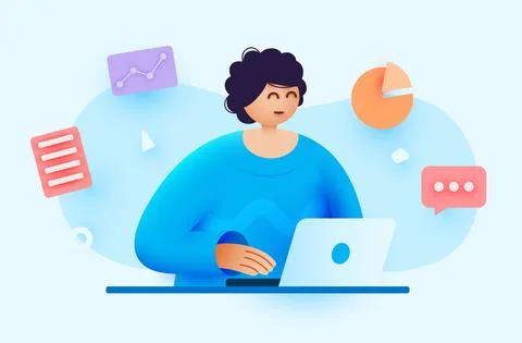 Woman works using a computer. Remote works using a laptop. Accounting and 스톡 일러스트