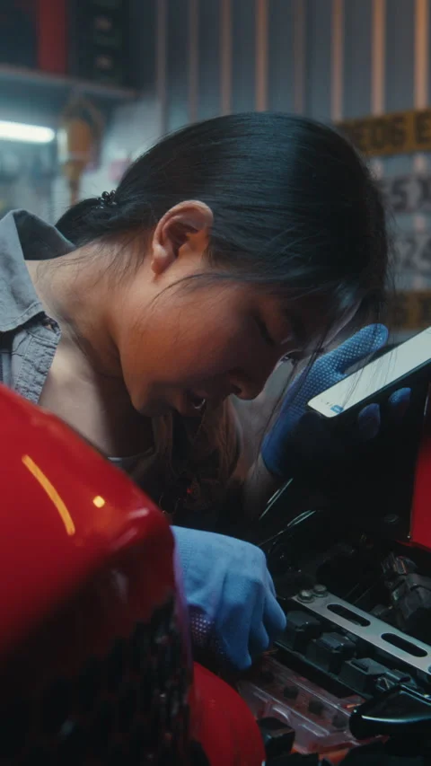 Woman in Workshop Consults Artificial Intelligence Voice Assistant During Stock Footage 330270851