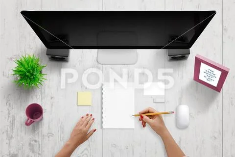 Woman write something on pad. Blank paper to add text, drawing, sketch. Compu Stock Photos