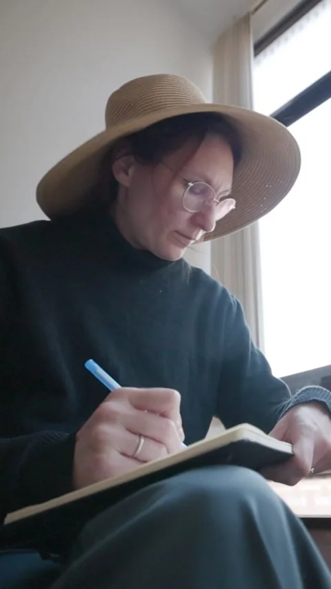 Woman writer taking notes in notebook near window Stock Footage 327354574