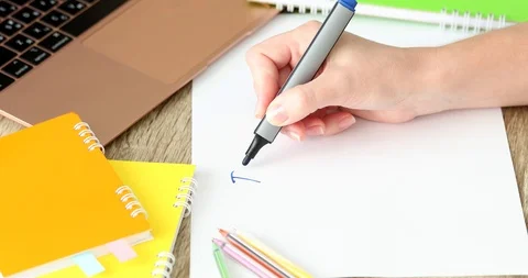 A woman writes and draws a development plan. Stock Footage 119703327