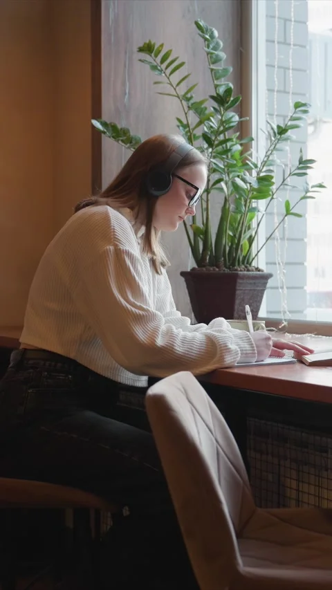 Woman writes notes in notebook at cafe with headphones and coffee showing Stock Footage 348174535