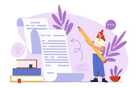 Woman writing on long document scroll. Vector illustration Illustrazione stock