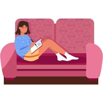 Woman writing in notebook on sofa vector icon Ilustración de archivo