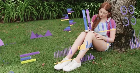 Woman writing in notebook by tree, making data charts overlaying legs and Stock Footage 323116802
