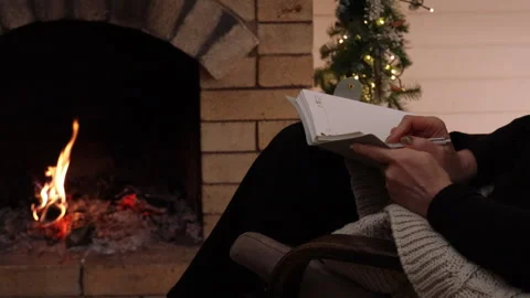 Woman writing in a notebook while sitting in an armchair by a burning fireplace. Stock Footage 326099936
