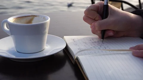 Woman writing in notepad while sitting in cafe Stock Footage 85562454