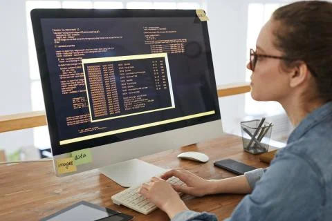 Woman Writing Software Code Foto stock