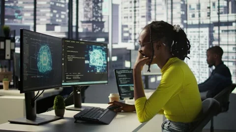 Woman yawning while looking at artificial intelligence software on PC Stock Footage 318162666