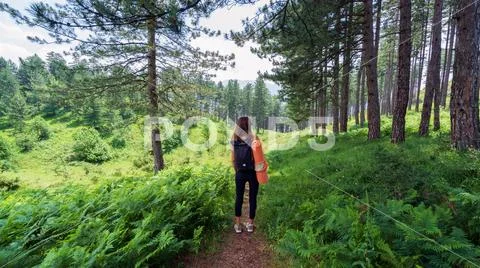 Woman with a yoga mat in wilderness Stock Photos