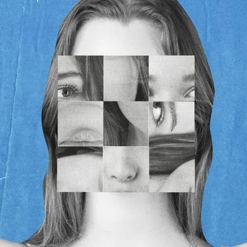 Woman's abstract fragmented face collage on blue background Stock Illustration