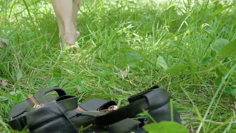 Woman's bare feet walking over green grass field, Flowers of clover Stock Footage 80213804