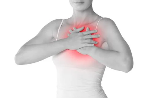 Woman's breast test, heart attack, pain in female body isolated on white back Stock Photos