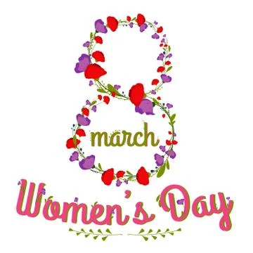 Woman's Day text calligraphy design with flowers Vector illustration. 8 march Stock Illustration