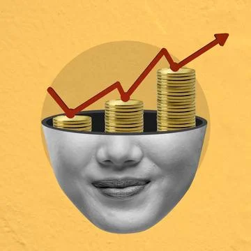 A woman's face is drawn with a stack of coins in her mouth Stock Photos