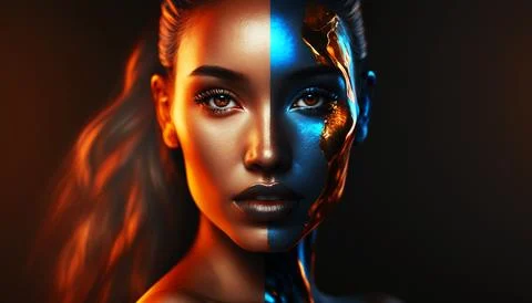 The woman's face is made in a surreal style in blue and yellow tones. Stock Illustration