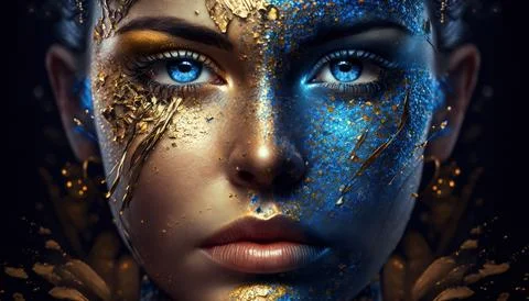 The woman's face is made in a surreal style in blue and yellow tones. Stock Illustration