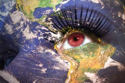 Womans face with planet Earth texture and moroccan flag inside the eye. Stock Illustration