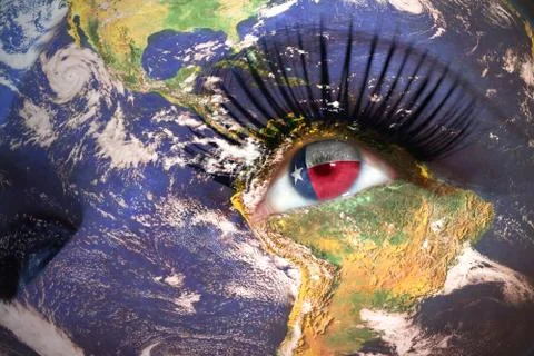 Womans face with planet Earth texture and texas state flag inside the eye. Illustrazione stock