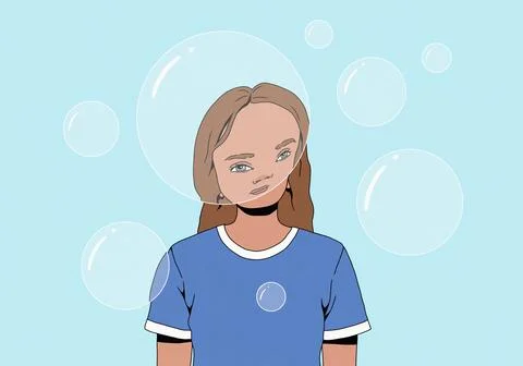 Woman's face slightly warped behind floating bubble Stock Illustration