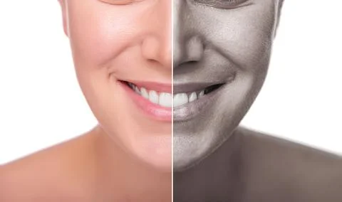 A woman's face is split in half for good and bad skin. Isolated on white Stock Photos