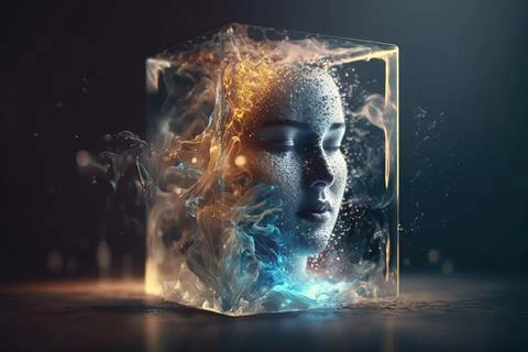 A woman's face is surrounded by a cube of fire and ice with a glowing surre.. Illustrazione stock