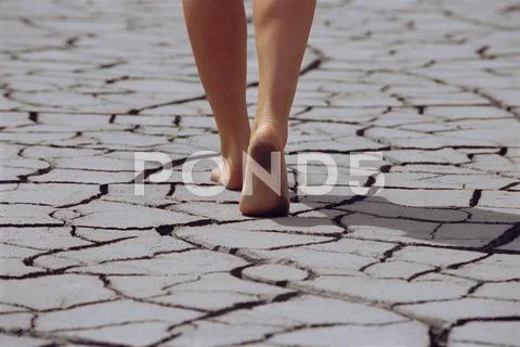 Woman's feet walking over cracked earth Stock Photos