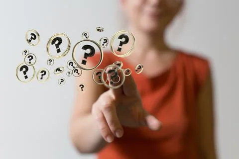 A woman's fingers touching solving problem with digital question marks 3D ren Stock Photos