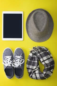 Woman's flat lay gray clothes tablet mockup Stock Photos