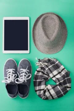 Woman's flat lay gray clothes tablet mockup Stock Photos