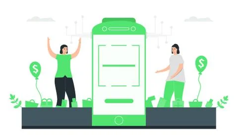 Womans is fun to buy items in e-payment application. They only choose accesso Stock Illustration