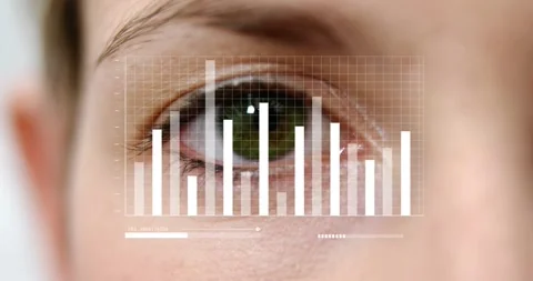 Woman's green eye blinking obscuring grid while pulsing chart scanning and Video stock 327394213
