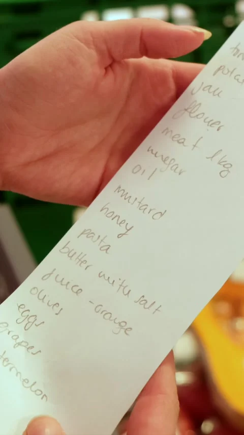 Woman's hand checking handwritten grocery shopping list Stock Footage 337736578