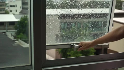 Woman's hand closes condo window, raindrops on the glass outside. Vidéo 180961569