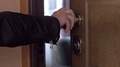 Woman's Hand Closing Door with Close-Up on Metal Handle Indoors Stock-Footage 334776066