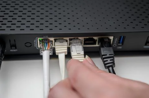 Woman's hand connects internet cable to LAN wired network switch. Stock Photos