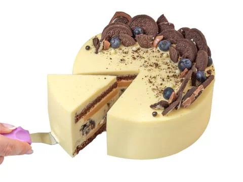 Woman's hand cut the cake. Slice of beautiful cake for a family bakery, with  Stock Photos